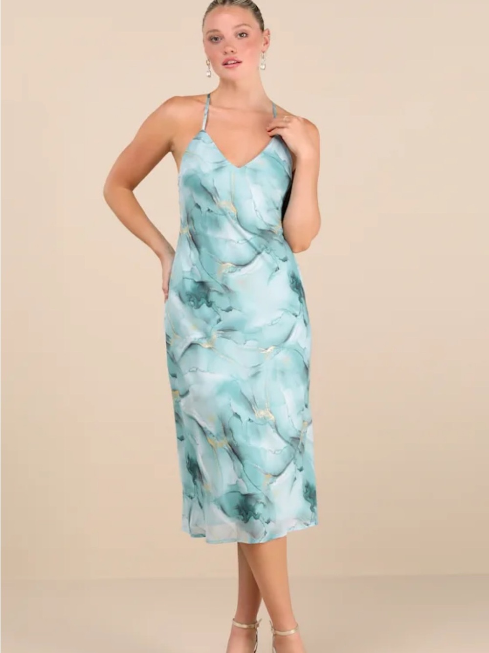 NWT Bright Charm Light Blue Abstract Print Chiffon Slip Midi Dress. Size S.